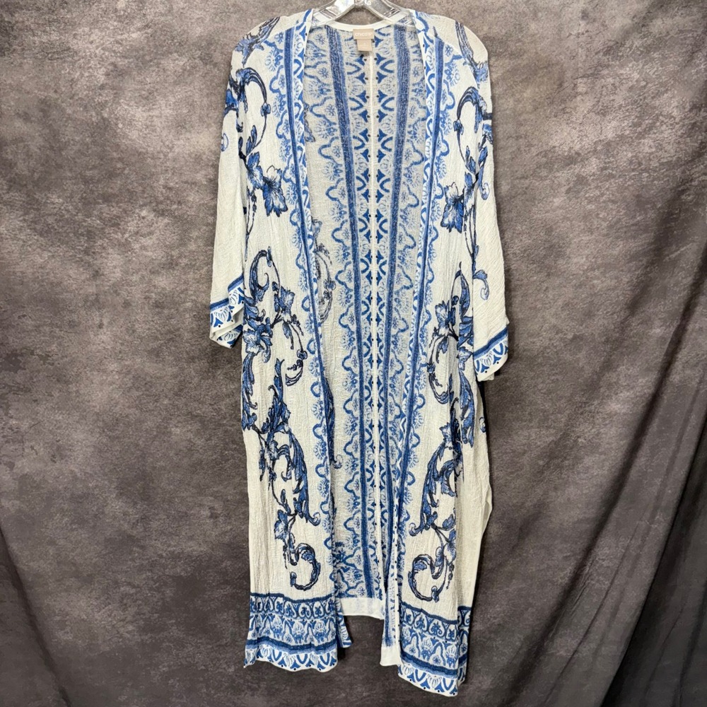 Chicos Blue White Floral Scroll Gauzy Kimono Duster Cardigan Sz 3 XL Open Front